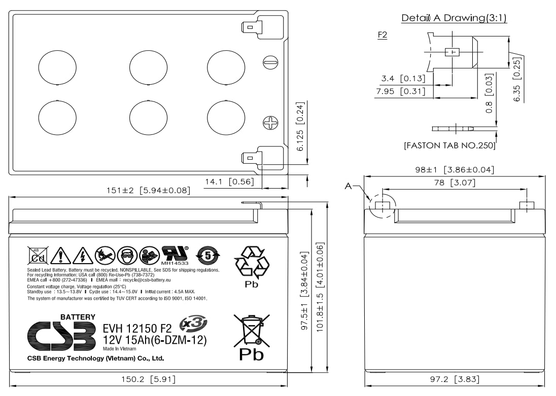 Artikelbild 2 des Artikels “CSB Battery EVH12150F2 12V 15AH Blei-Akku (AGM) Artikelname “
