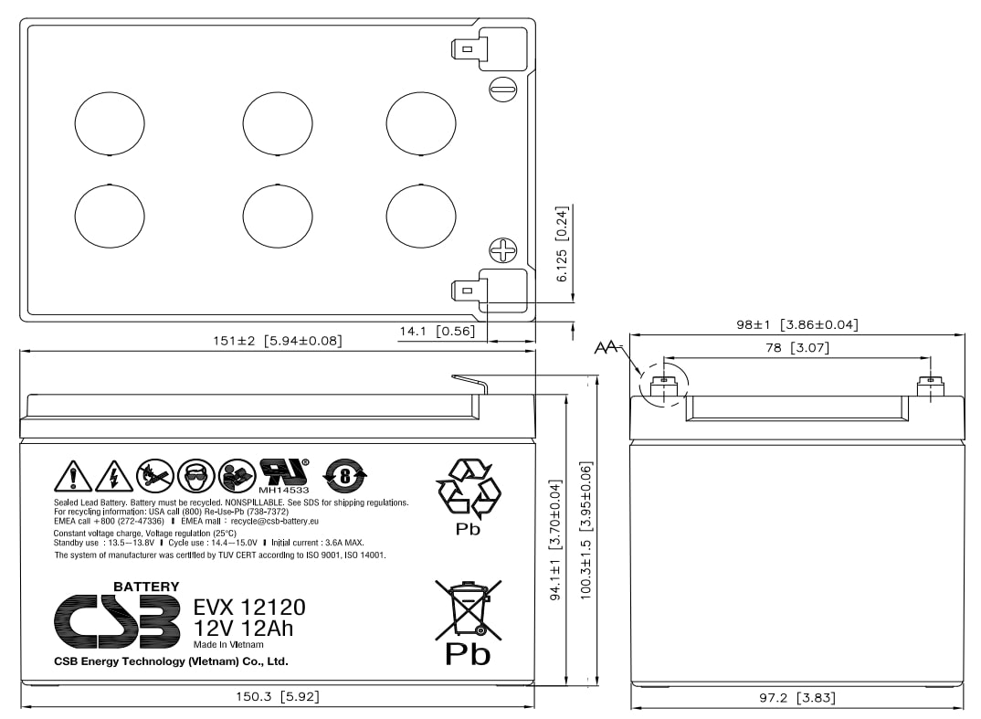 Artikelbild 2 des Artikels “CSB Battery EVX12120F2 12V 12AH Blei-Akku (AGM) “