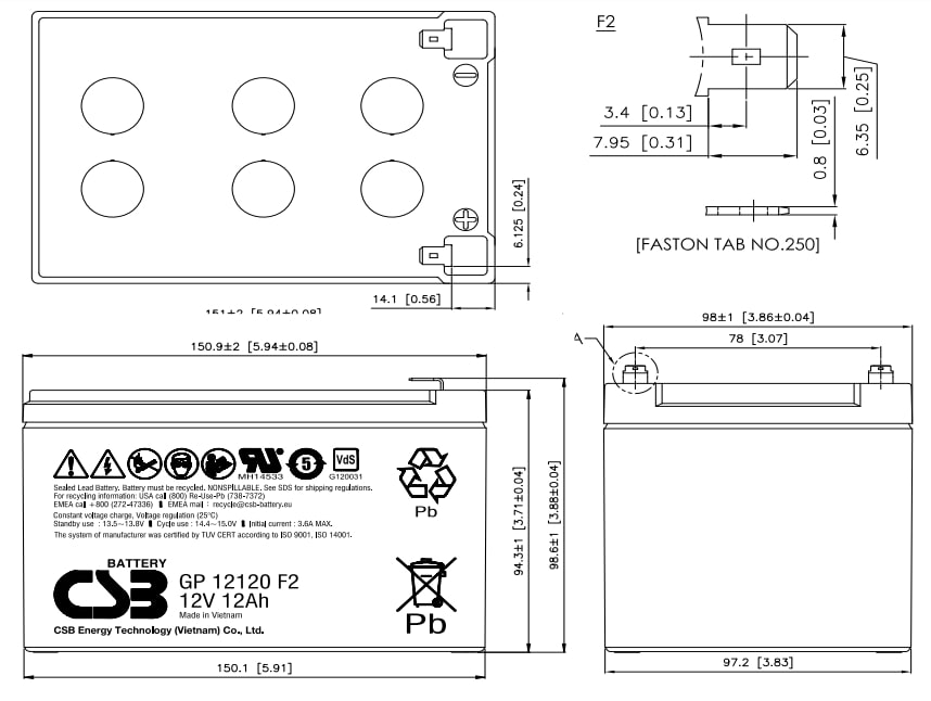 Artikelbild 2 des Artikels “CSB Battery  GP12120F2 12V 12AH Blei-Akku (AGM), VdS “