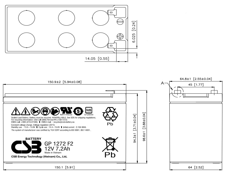 Artikelbild 2 des Artikels “CSB Battery  GP1272F1 12V 8AH Blei-Akku (AGM)  VdS schmale Anschlüsse “