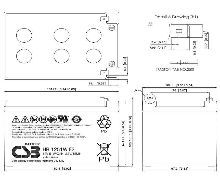 Artikelbild 3 des Artikels “CSB Battery HR1251WF2 12V 12,75AH Blei-Akku (AGM) “