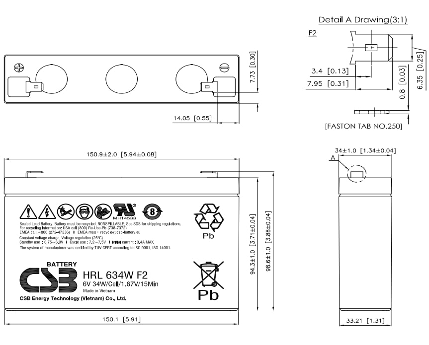 Artikelbild 3 des Artikels “CSB Battery HRL634WF2 6V 9AH Blei-Akku (AGM) “