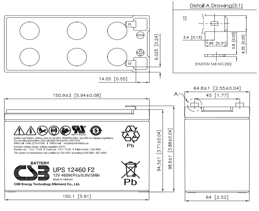 Artikelbild 3 des Artikels “CSB Battery UPS12460F2 12V 9,2AH Blei-Akku (AGM) “